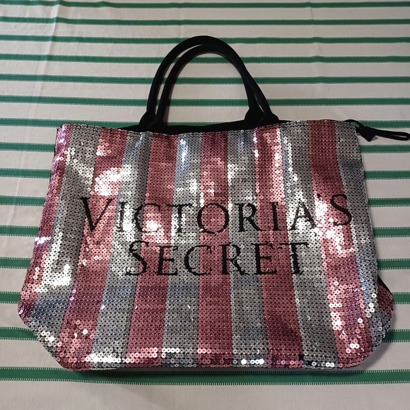 Victoria's Secret Handbags - Victoria's Secret Oversized Pink and Silver Sequin Tote Weekender Travel Bag